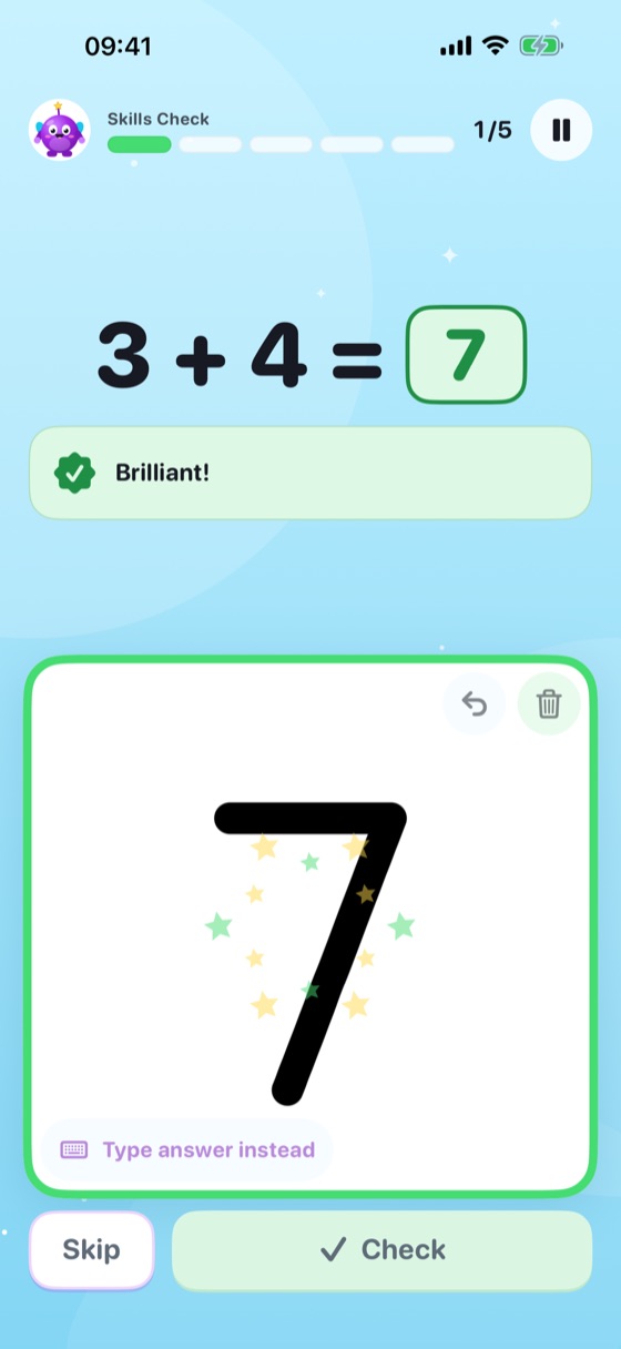 A Nova Numbers practice question reading 3 + 4 = 7, with a large 7 written by hand on the canvas below, sprinkled with stars, and a green “Brilliant!” confirmation.