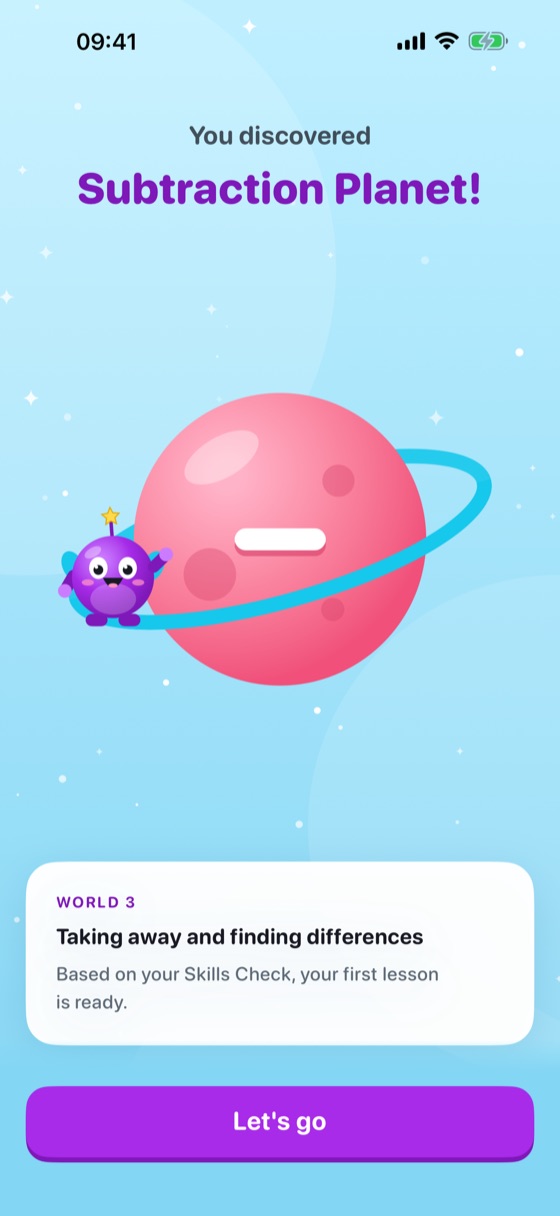 A result screen reading “You discovered Subtraction Planet!” with a pink ringed planet and a card introducing the first lesson, taking away and finding differences.