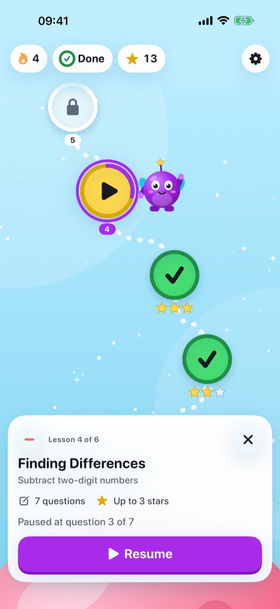 The learning map: a winding path of lesson planets, two completed with gold stars, one unlocked and ready, later ones locked, with a card for lesson four of six.